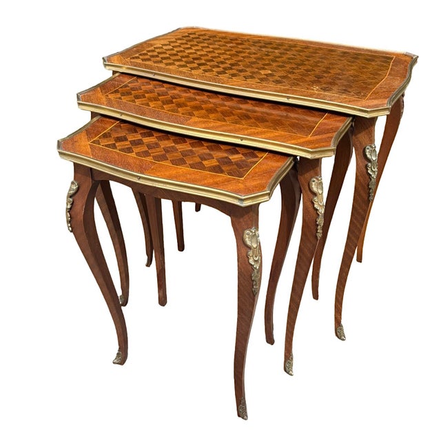 Antique Louis XV French Parquetry Top Nest of Tables, 1920s, Set of 3 For Sale - Image 4 of 8