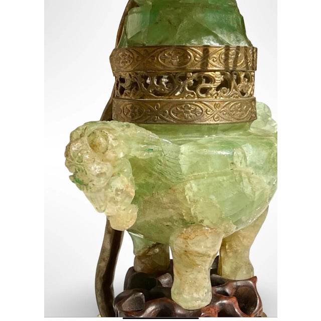 1920s Chinese Carved Stone Foo Dog Lamp With Shade For Sale - Image 5 of 6