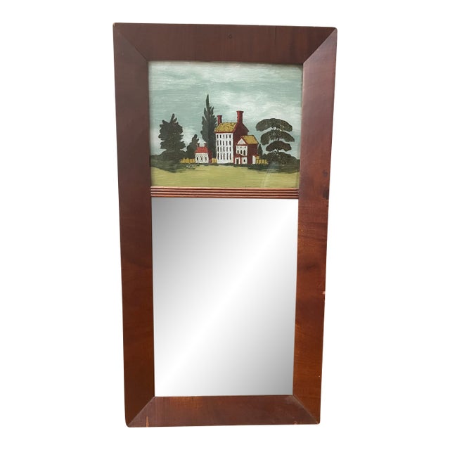 Petit Federal Style Mirror With a Painting of a Country House For Sale