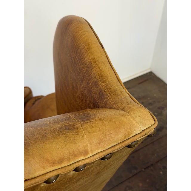 Embossed Cognac Leather Wing Back Chair by Davis and Shaw For Sale - Image 15 of 17