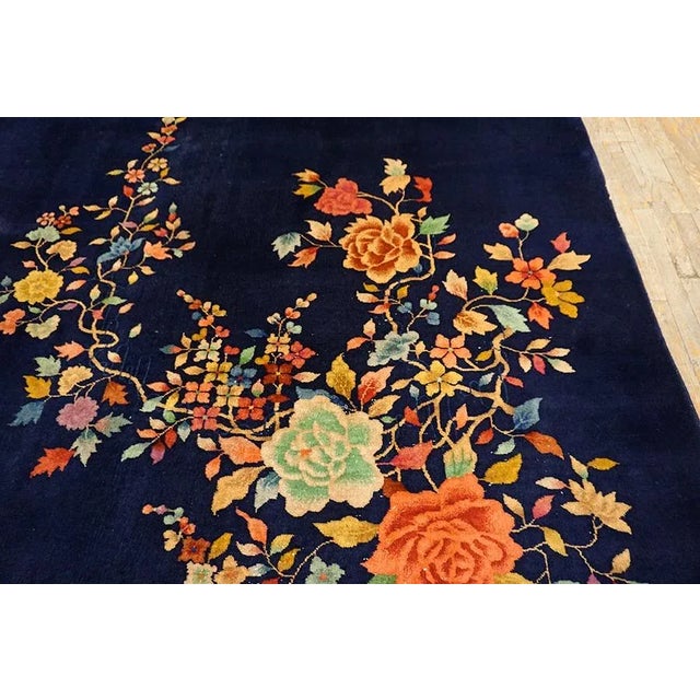 1930s Black Floral Spray Antique Chinese Art Deco Carpet 8'10" X 11'6" Handknotted Wool Rug For Sale - Image 9 of 13