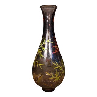 Inside-Painted Glass Vase – Bird & Bamboo Motif, Long Neck For Sale