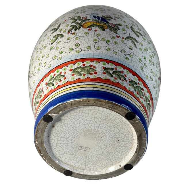 17+ In. Tall Chinese Jug Vase Stylized Blue Songbird, Fruit & Leaf Pattern For Sale - Image 17 of 18
