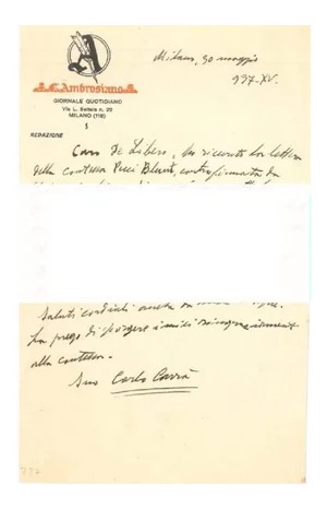 ''About the New York Exihibition''- Letter by C. Carrà to L. de Libero - 1937 1920 ca.