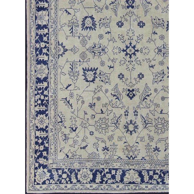 Contemporary Floral Vintage Oushak in Blue and Cream With All-Over Design For Sale - Image 3 of 13