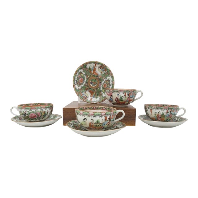 Chinese Export Famille Rose Medallion Porcelain Tea Cup & Saucer Set of 4 For Sale