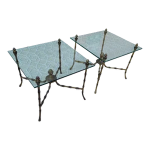 Mid 20th Century Hollywood Regency Maison Bagues Style Faux Bamboo Bronze and Glass End Tables - a Pair
