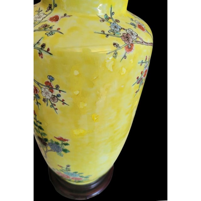 Chinoiserie Vintage Yellow Chinoiserie Cherry Blossom Tree Ceramic Table Lamps- A Pair For Sale - Image 3 of 10