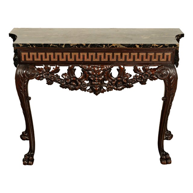 Antique English Georgian Carved Mahogany Portoro Marble Console Side Table 1820 For Sale