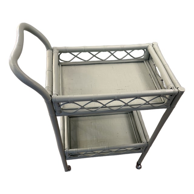 Vintage Sage Green Rattan Bar Cart For Sale