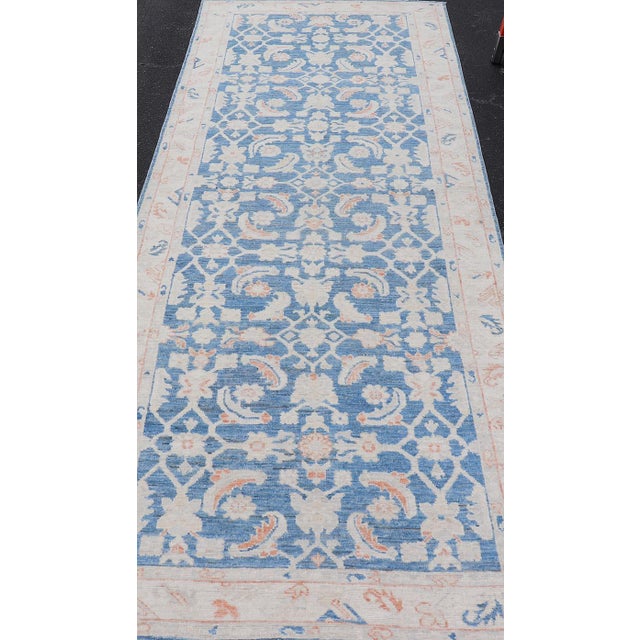 Early 21st Century Oushak Gallery Rug With Blue Field and Soft Coral and Ivory Accent 4'2 X 12'0 For Sale - Image 5 of 12