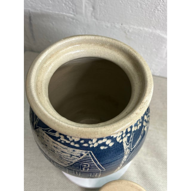 1988 Turn & Burn Seagrove Nc Hand-Carved Blue Stoneware Covered Jar For Sale - Image 10 of 11
