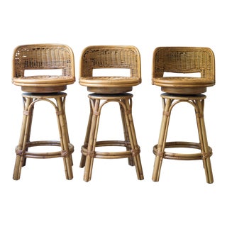 Vintage Mid-Century Rattan Bamboo Tiki Bar Stools - Set of 3 For Sale