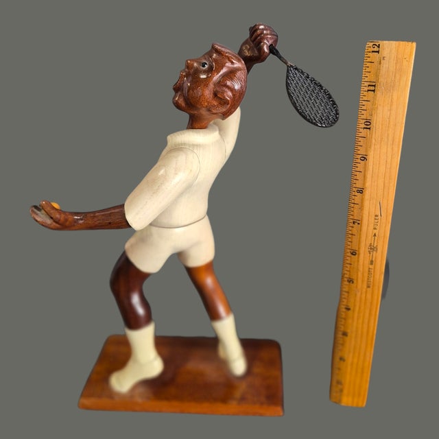 Vintage Desk Top Italian Wood Carving Sculpture Tennis Player 12'' High For Sale - Image 4 of 7