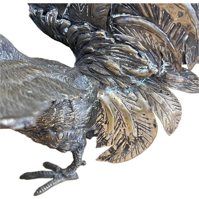 Vintage Solid Brass Fighting Rooster Sculpture With Dramatic Tail For Sale - Image 9 of 12