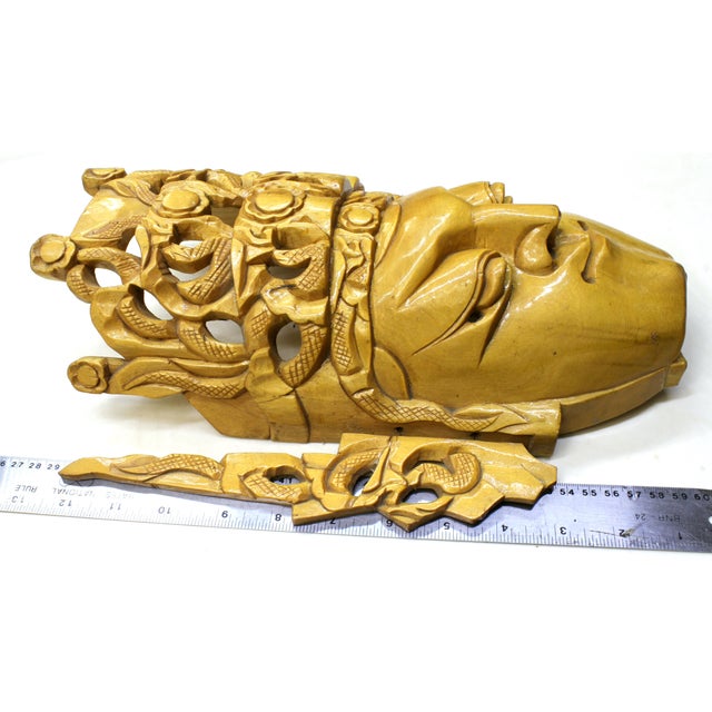 Brown Articulated Balinese Hand-Carved Albesia-Wood Rama Deity Mask & Pierced Openwork Crown For Sale - Image 8 of 10