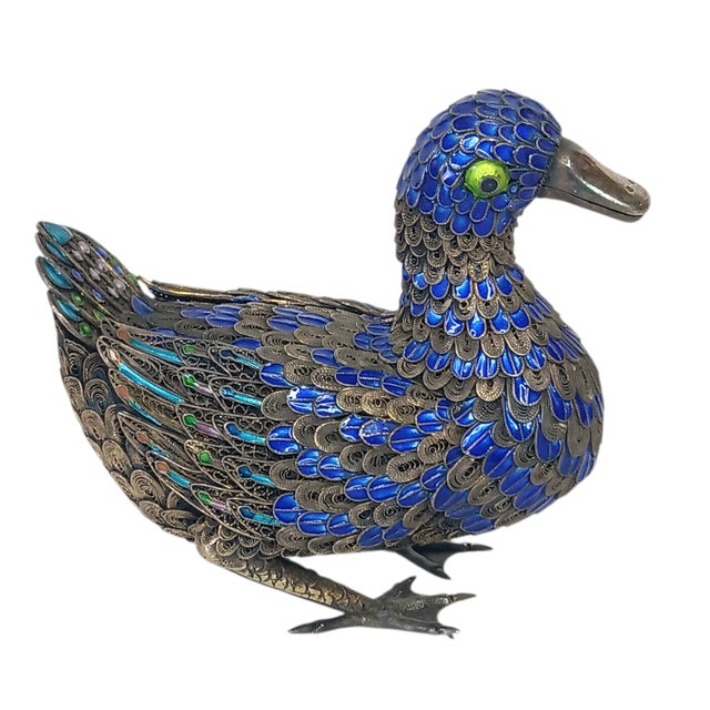 Vintage Filigree Enamel Duck Figurine Sterling Silver Beak and Feet Blue & Gold with Green Eyes Approximately 3" x 3.5" x...