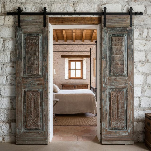 Vintage Hand-Carved Wood Double Doors – Blue Gray Distressed Barn Doors, 80x34 For Sale - Image 4 of 5