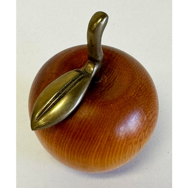 Vintage Carved Wood Apple With Brass Stem For Sale - Image 4 of 9