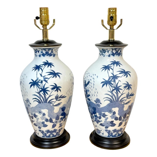Pair Chinese Canton Style Blue and White Palm Tree Porcelain Vases, Now as Lamps For Sale