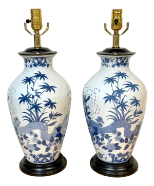 Pair Chinese Canton Style Blue and White Palm Tree Porcelain Vases, Now as Lamps