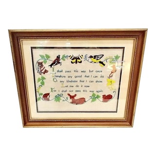 Vintage 1970s Framed Crewel Embroidery with Forest Animals Quote For Sale