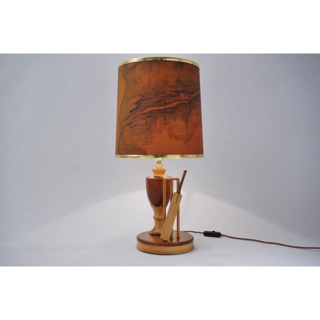 1950s 1950`s English Marquetry Wood Inlaid Table Lamp, Sport Cricket Theme, Rewired For Sale - Image 5 of 13