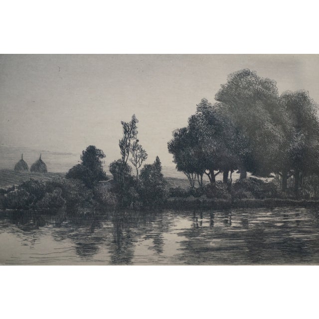 Antique Charles Mielatz Signed Waterfront House W Dock Landscape Etching 23" For Sale - Image 13 of 13