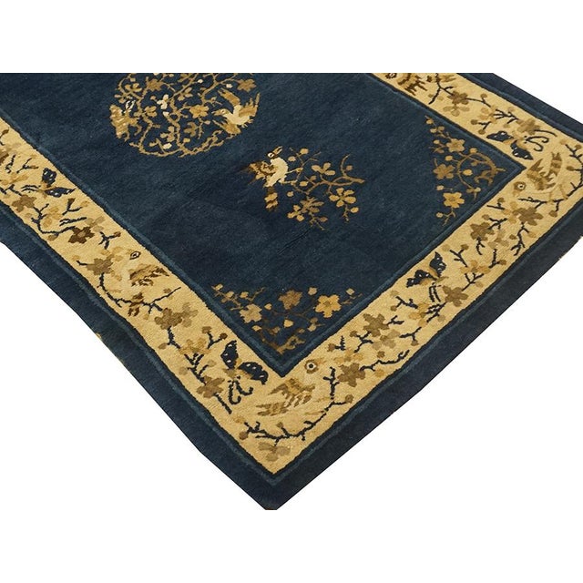 1920s 1920s Navy Floral Birds Medallion Antique Chinese Peking Knotted Wool Carpet Rug For Sale - Image 5 of 6