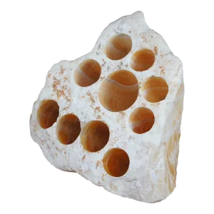 Late 20th Century 102lb Honeycomb Calcite Amber Onyx Rock Stone Crystal Formation Drilled Holes