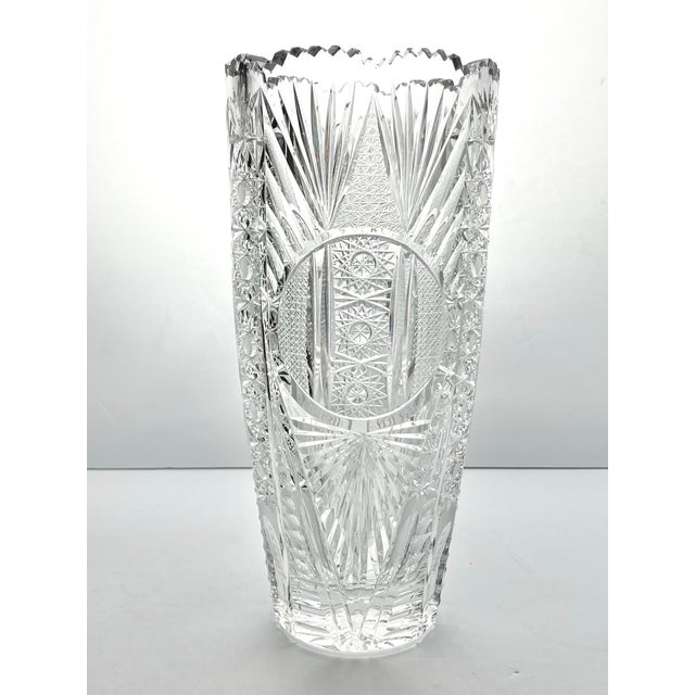 Large Heavy Vintage Bohemian Cut Lead Crystal Presentation Centerpiece Vase 12” Overall good vintage condition. Only one...