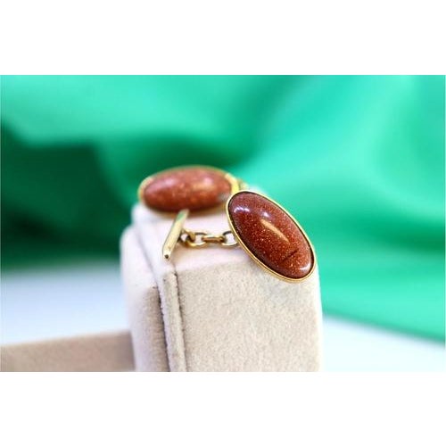 Gold Cufflinks with Oval Brown Stone, Set of 2 For Sale - Image 6 of 8