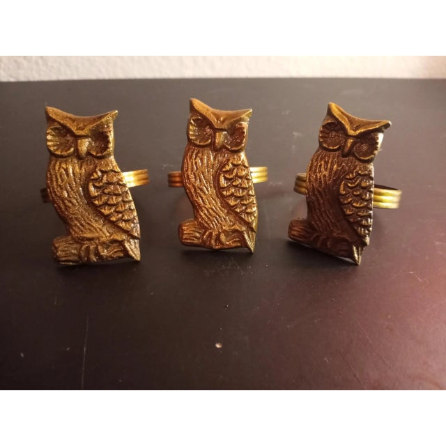 1980s 1980s Solid Brass Owl Figurine Napkin Rings- Set of 3 For Sale - Image 5 of 6