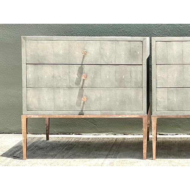 Mid-Century Modern Vintage Shagreen Nightstands on Brass Base - Pair For Sale - Image 3 of 14