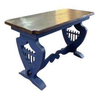 Antique Wood Lyre Carved Trestle Hall Table, Desk or Console Table For Sale
