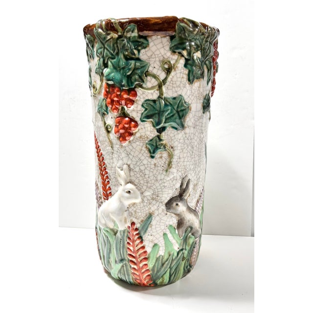 Majolica Antique Majolica Umbrella Stand With Rabbits & Grapevines, Victorian Floor Vase For Sale - Image 4 of 7