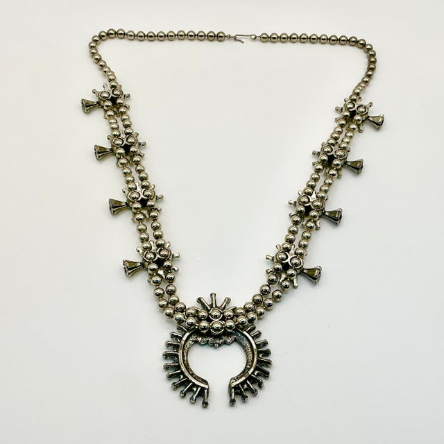 1960s Vintage Southwestern Zuni Native American Sterling & Turquoise Squash Blossom Beaded Necklace, 27” For Sale - Image 12 of 12