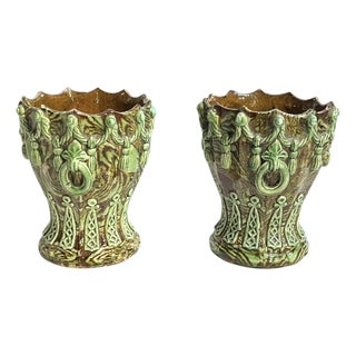 Pair Antique French Majolica Glazed Terracotta Jardinieres With Rope and Tassel Design For Sale