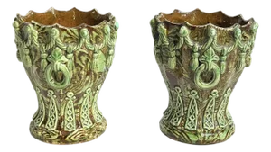 Pair Antique French Majolica Glazed Terracotta Jardinieres With Rope and Tassel Design