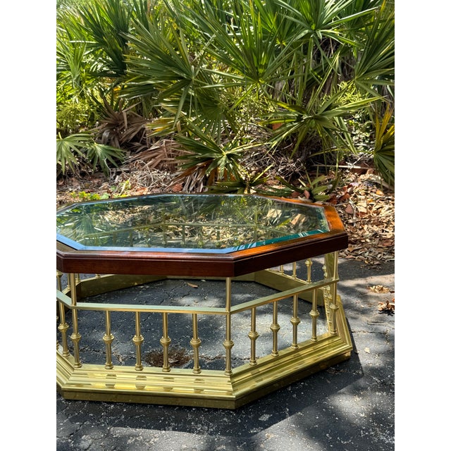 Wood Vintage Solid Brass & Wood Octagonal Coffee Table With Thick Glass Top | Hollywood Regency Cocktail Table For Sale - Image 7 of 8