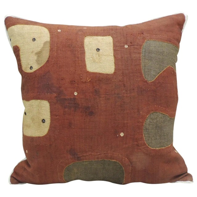Antique Applique Raffia Brown and Rust Kuba Decorative Pillows Matisse Style For Sale - Image 9 of 10
