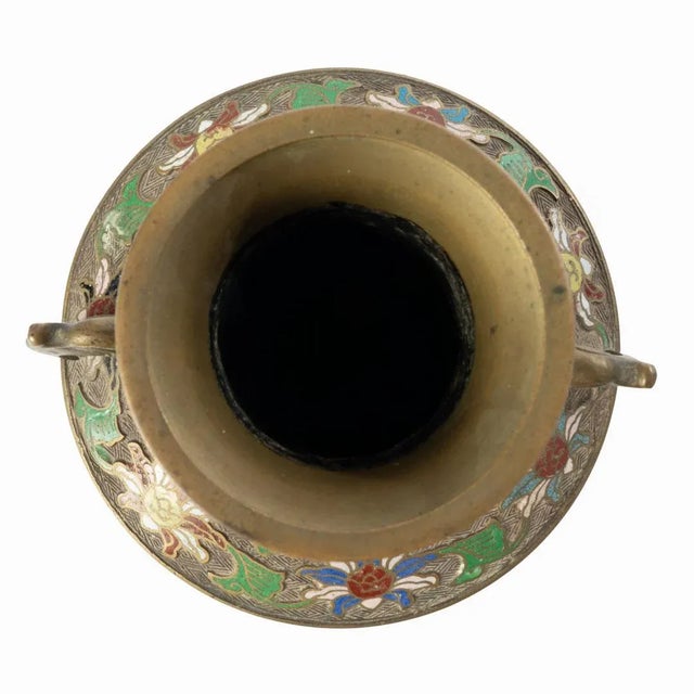Vintage Japanese Bronze Champleve Vase With Ornate Handles For Sale - Image 11 of 11