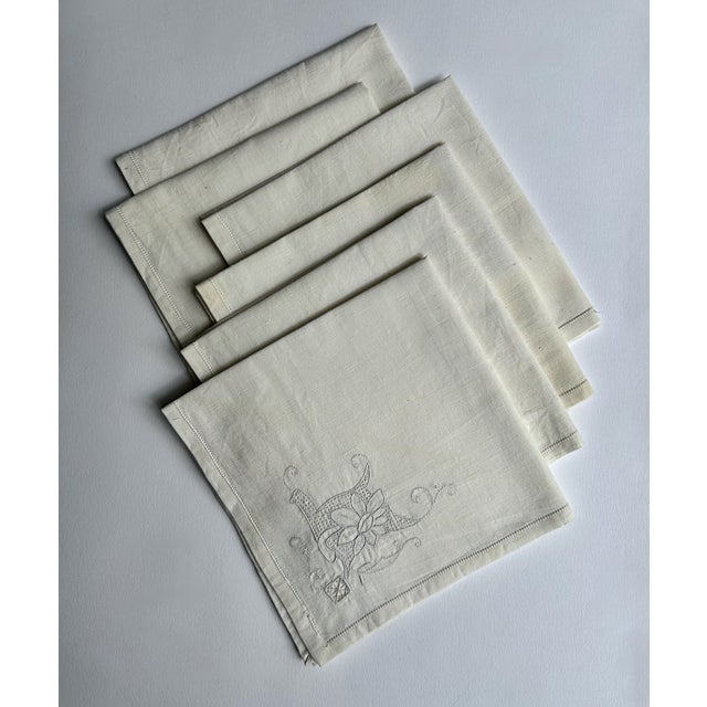 Set of 6 Mid 20th Century Off White Linen & Cotton Dining Napkins With Cut Work For Sale - Image 4 of 16
