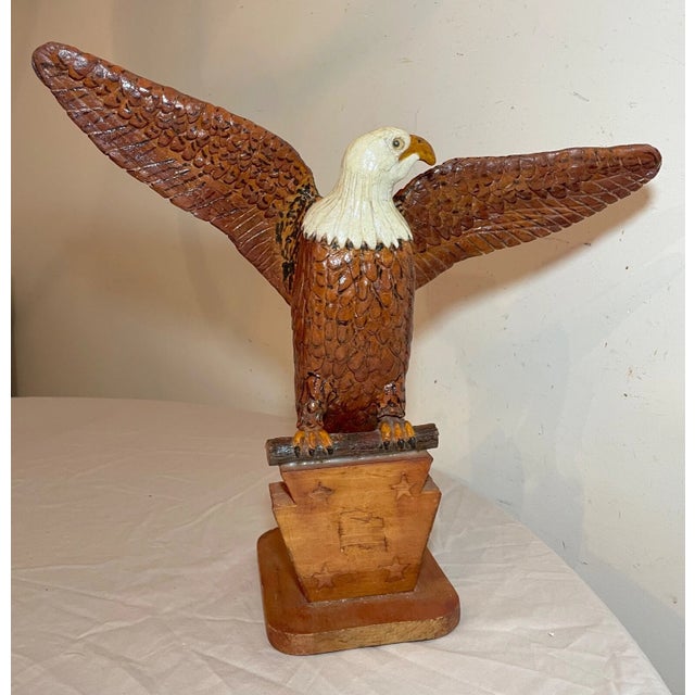 Brown Vintage Hand Carved Wood Folk Art American Bald Eagle Bird Sculpture Statue For Sale - Image 8 of 12