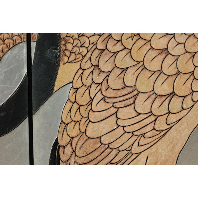 Chinese Vintage Chinese Four-Panel Screen with Silver Ground and Hand-Painted Cranes For Sale - Image 3 of 12