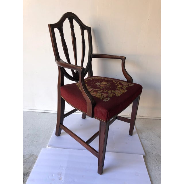 Brown Vintage Mahogany Arm Chair Needlepoint Upholstery For Sale - Image 8 of 11
