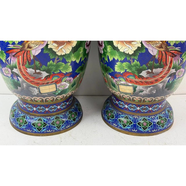 Pair of Chinese Cloisonne Enamel Vases Gold Floral Scrolls For Sale - Image 4 of 13