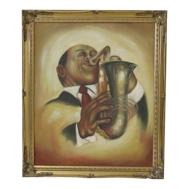 1990s Saxophone Musician Framed Oil Painting on Canvas For Sale