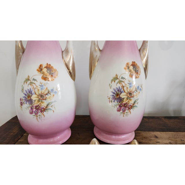 Antique Austrian Carl Larsen “Ruby & Emerald” Pink Porcelain Lidded Urn Vases – Pair, Circa 1900 For Sale - Image 9 of 18