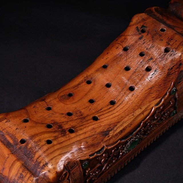 Vintage Chinese Boxwood Carved Beast Head Pillow With Gem Inlay - 750g For Sale - Image 4 of 9